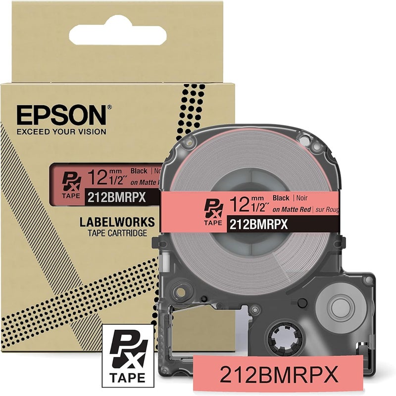 LABELWORKS Epson 212BMRPX Genuine PET (Polyester) Tape Cartridge - Black on Matte Red Designer Craft Label Maker Tape - 1/2" (12MM) Wide, 26' - Image 1